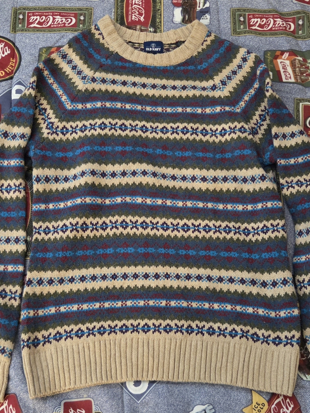 Old Navy Retro Men's Fair Isle Crewneck Sweater — Blue, Tan, Cream, Green